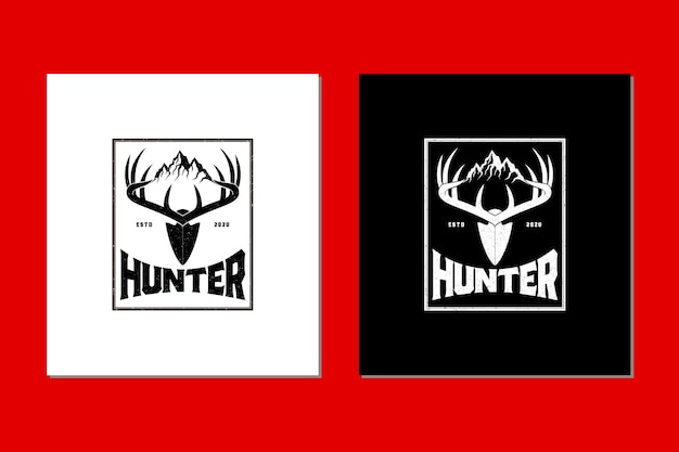 Spear stag deer buck antler pfeilspitze mit berg für die jagd symbol logo vektor design inspiration