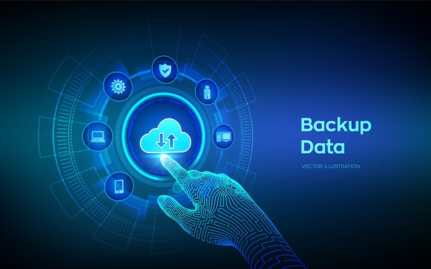 Speicherdaten sichern. Online-Cloud-Backup-Datenkonzept auf virtuellem Bildschirm. Roboterhand, die digitale Schnittstelle berührt.