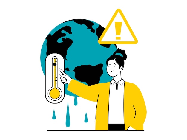 Speichern sie das erdkonzept mit charaktersituation öko-aktivistin, die auf ein thermometer mit hoher temperaturerwärmung und klimawandel zeigt vektorillustration mit menschenszene in flachem design für das web