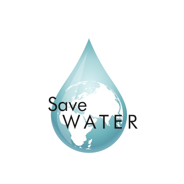 Speichern Sie das Wasser die Inschrift auf dem blauen dreidimensionalen Modell des Wassertropfens auf dem Planeten