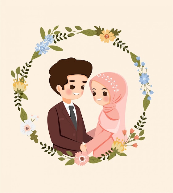 Speichern sie den date.cute moslemischen paar-cartoon mit blumenkranz für hochzeitseinladungskarte