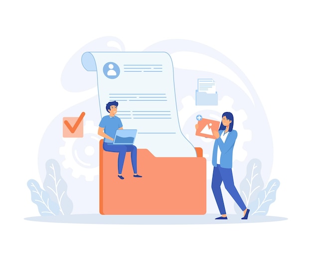 Speicherung und Indizierung von Informationen Konzept Büroangestellter fügt Datei zu großem Ordner hinzu Datenbank flacher Vektor moderne Illustration