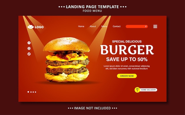 Vektor speisekarte für burger landing page vorlage