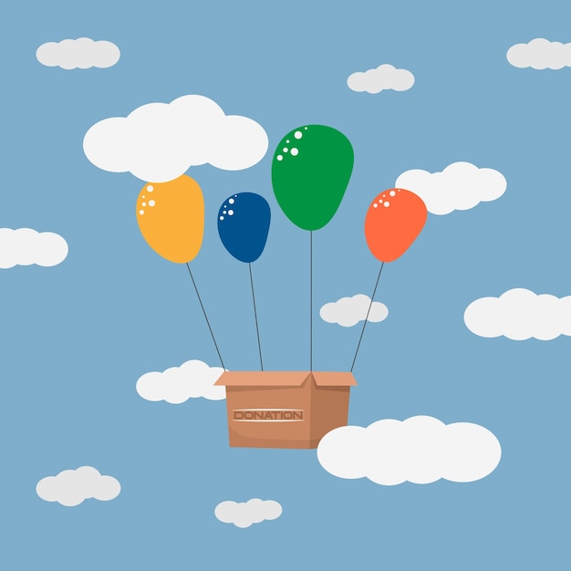 Spende karton mit schild spende fliege mit farbigen luftballons am himmel falt illustration
