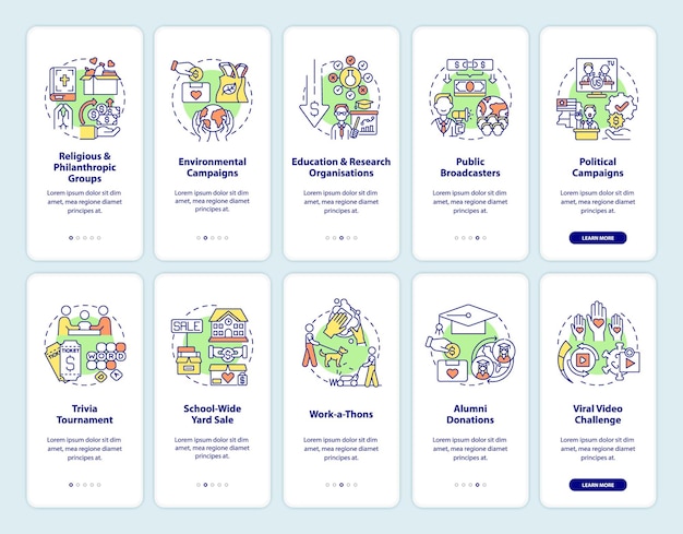 Spenden für wohltätige zwecke beim onboarding der seitenbildschirme der mobilen app festgelegt. fundraising-ideen walkthrough 5 schritte grafische anweisungen mit konzepten. ui-, ux-, gui-vektorvorlage mit linearen farbillustrationen