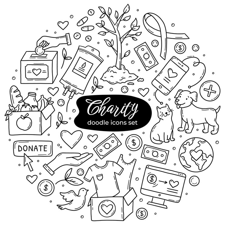 Vektor spenden für wohltätige zwecke und freiwilligenarbeit doodle lineare symbole gesetzt