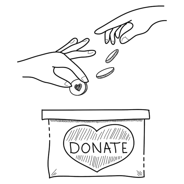 Vektor spenden sie handgezeichnetes konzept der wohltätigkeit und spendenhände geben und teilen sie liebe mit den händen der menschen auf einer vektorillustration im doodle-stil