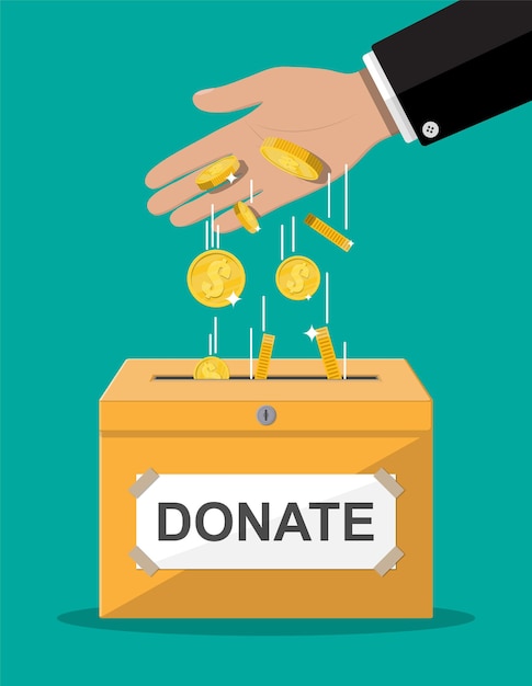 Spendenbox mit goldenen münzen. wohltätigkeits-, spenden-, hilfe- und hilfskonzept