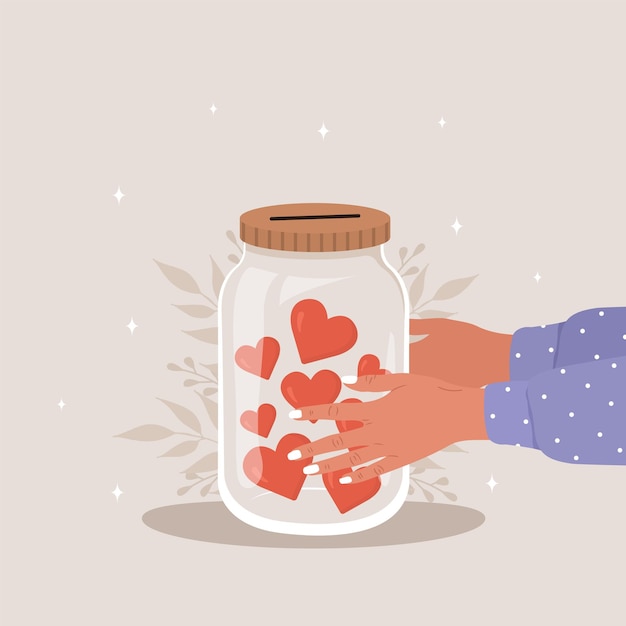 Spendenkonzept Weibliche Hände halten ein Glasgefäß voller roter Herzen Internationaler Wohltätigkeitstag Teilen Sie Ihre Liebe Vektor flache Cartoon-Illustration Freiwilligenarbeit und soziale Fürsorge