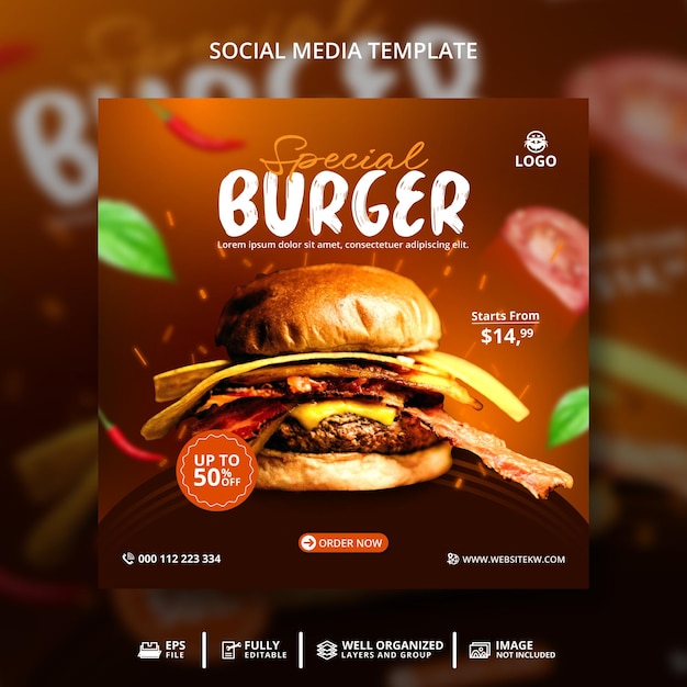 Spezielle Burger-Social-Media-Post-Banner-Vorlage für Werbung