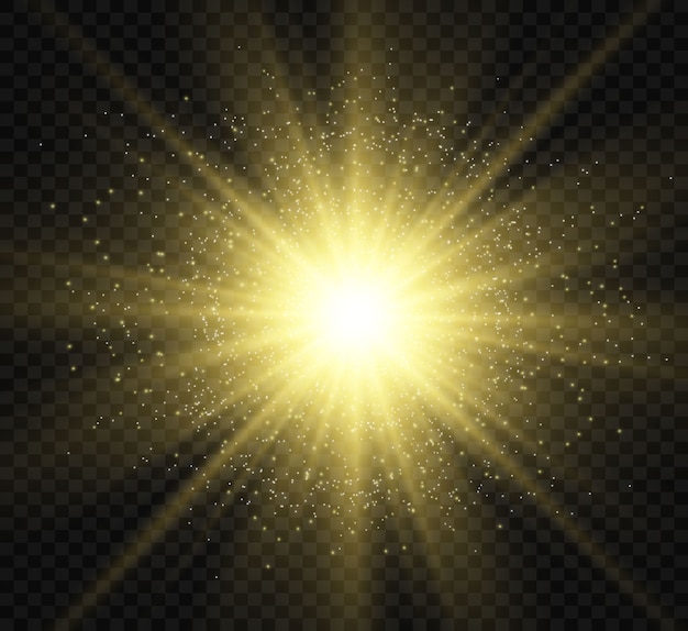 Spezieller Objektivblitz, Lichteffekt. Der Blitz blinkt Strahlen und Suchscheinwerfer. weiß leuchtendes Licht. Schöner Stern Licht von den Strahlen. Die Sonne ist von hinten beleuchtet. Heller schöner Stern. Sonnenlicht. Blendung.