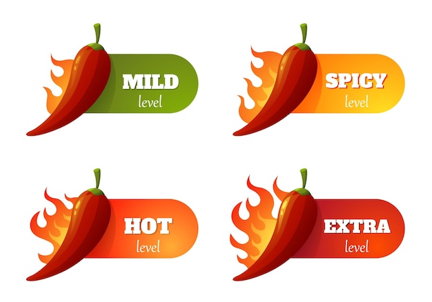 Spicy Meter-Etikett Chili-Pfeffer-Skala mit unterschiedlichem Hitze-Niveau heiße scharfes Essen Bewertung Cayenne-Pfeffersauce-Logo Vektor isolierter Satz