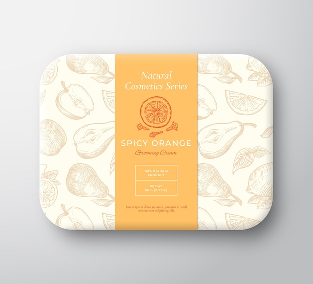 Spicy orange bath cosmetics package box abstract vector wrapped paper container with label cover packaging design moderne typografie und handgezeichnete früchte nelke hintergrundmuster layout