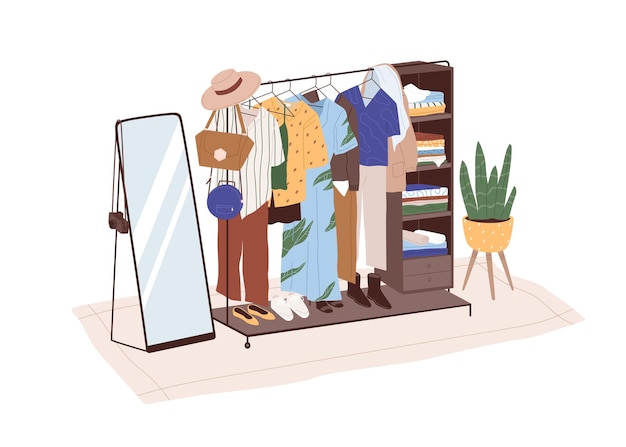 Spiegel- und Sommergarderobe mit stylischen Outfits. Frauenkleidung hängt am Kleiderbügel und liegt in den Regalen des Aufbewahrungssystems. Farbige flache Vektorillustration lokalisiert auf weißem Hintergrund.