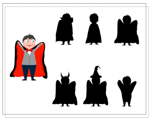 Spiel für kinder finden den richtigen dracula-schatten-halloween-vektor isoliert auf weißem hintergrund