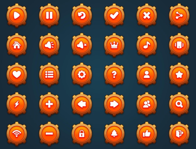 Spiel ui Set von orangefarbenen Tasten im Cartoon-Stil Gui zum Bau von 2D-Spielen Cartoon-Casual-Tasten-Kit