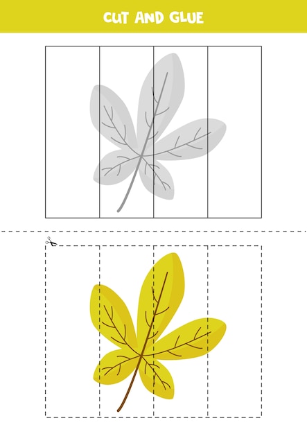 Spiel zum ausschneiden und einfügen für kinder. pädagogisches logisches rätsel für kinder im vorschulalter. schneidpraxis für kinder. illustration des herbstblattes im karikaturstil.