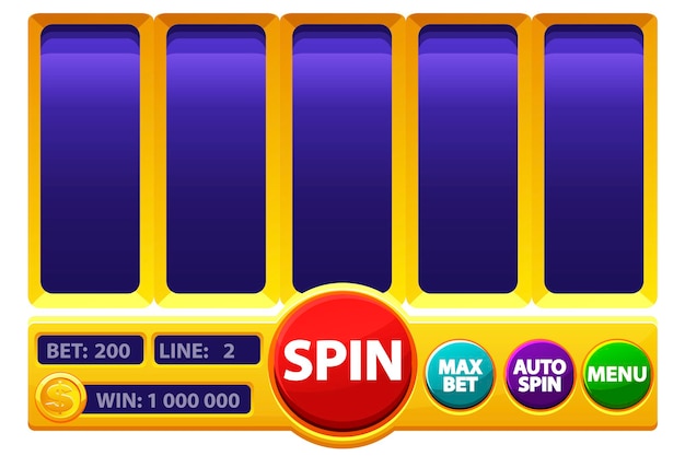 Spielautomaten-spielbildschirm online-casino-glücksspiel vektor-schnittstelle mit schaltflächenmenüs