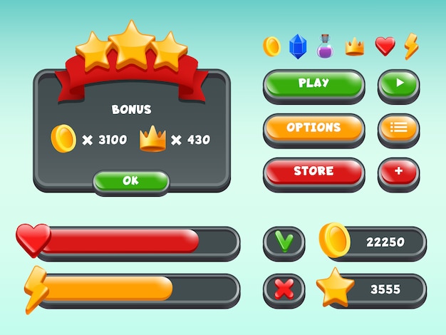 Spiele-GUI-Set, Symbole für die Benutzeroberfläche für mobile Spiele und farbige Elemente in der Statusleiste der Schaltflächenbänder