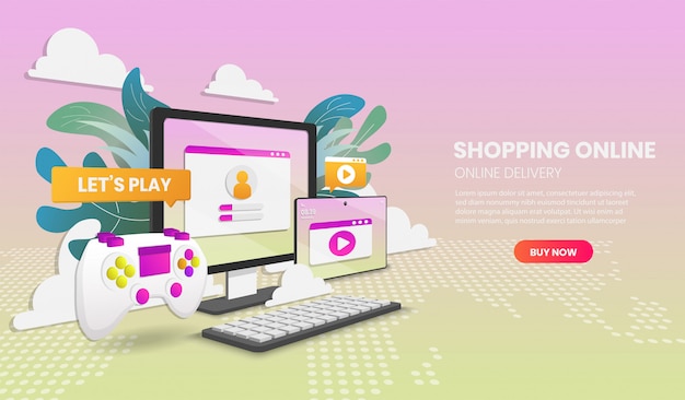 Spielen auf Videospielhardware im Online-Shopping-Konzept. Vektorkonzeptillustration. Heldenbild für Website.