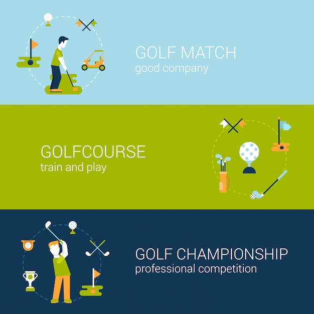 Spielen sie golf-sportclub-platz professionelle meisterschaft und wettbewerbskonzept flache design-illustrationen gesetzt.