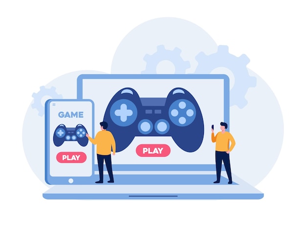 Spielen sie spiele mit gadget-gamer-videospiel-esport-unterhaltung flache vektorillustration