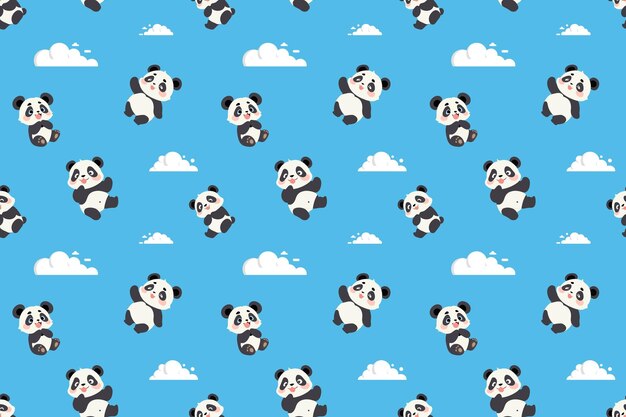 Spielhafte Pandas, die unter flauschigen weißen Wolken schwimmen