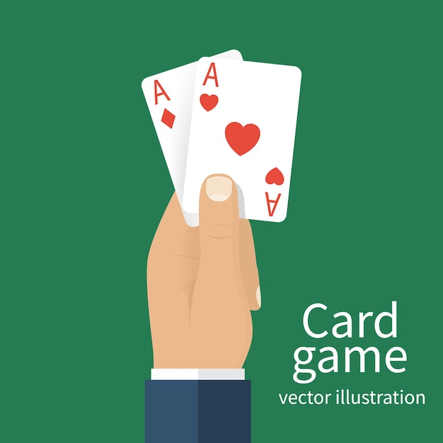 Vektor spielkarten in handmännern. flaches design der vektorillustration. vorlagenbanner für kartenspiele. glücksspielgeschäft. hand mit zwei assen auf hintergrund isoliert. spieler im casino. erfolgreiches spiel