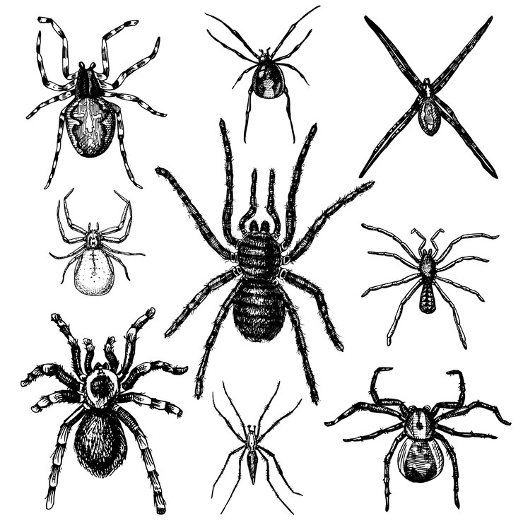 Vektor spinnen- oder spinnentierarten die gefährlichsten insekten der welt alter jahrgang für halloween oder phobien design handgezeichnet graviert kann für tattoo web und gift black widow tarantula birdeater verwendet werden