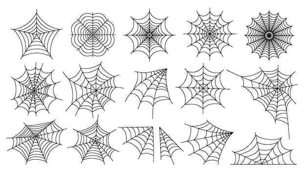 Vektor spinnennetz halloween spinnennetz silhouetten linienskizze stil beängstigend einfach verworrener netzrahmen und ecke für die dekoration vektor isoliertes set