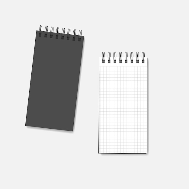 Vektor spiral leeres notizbuch vektor-mockup offene und geschlossene notizblockvorlage aus kariertem papier mit drahtbindung