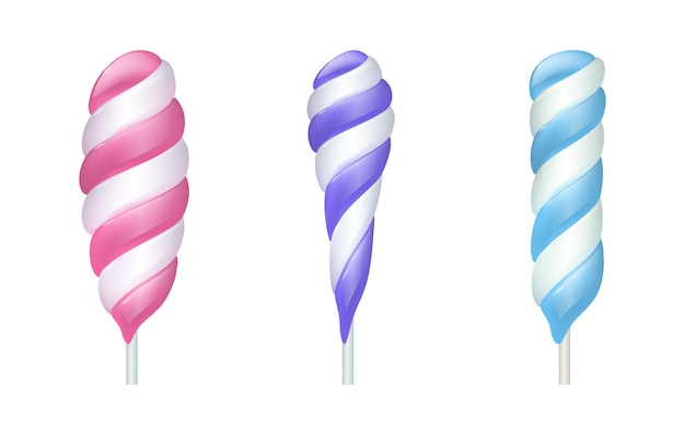 Spiral lollipop cartoon süße lolly bonbons swirl bonbon auf stick mit streifen in weiß und rosa, lila oder blau isolierte süßwaren ungesunde zuckerhaltige lebensmittel vektor-set