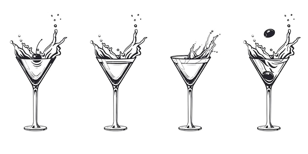 Vektor splash cocktailglas gravur alkohol getränk. hand gezeichneter schwarzweiss-illustrations-weinlesestil. skizze kunst.