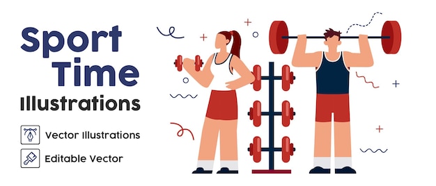 Sport, Gesundheit, Mann, Frau, Heben, Gewicht, Übung, Workout, Turnhalle, Innere, Flache, Vektor, Illustration