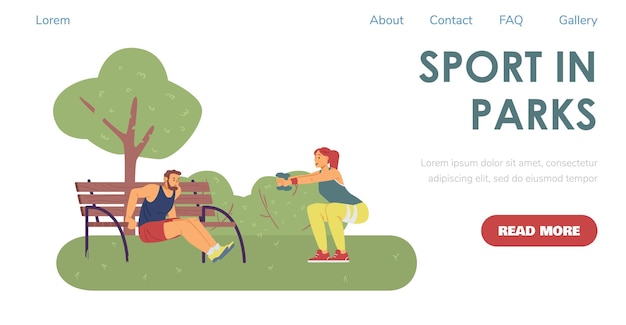 Vektor sport in parks-website mit menschen, die im freien flache vektorillustration trainieren