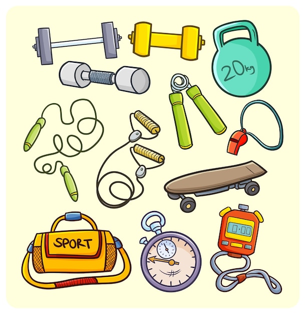 Sport- und fitnessgeräte im einfachen doodle-stil