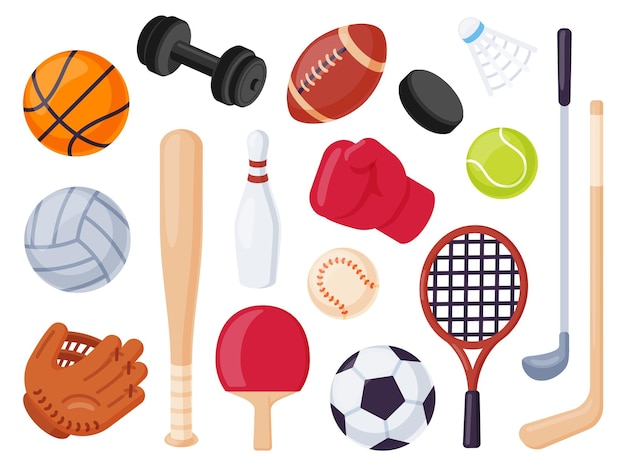 Sportausrüstung. cartoonbälle und spielartikel für hockey, rugby, baseball und tennisschläger. bowling, boxen und golf flache ikonen-vektor-set. illustrationserholungsball für fußball und tennis