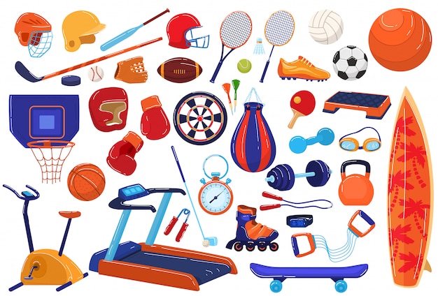 Vektor sportausrüstung illustration icon set, cartoon sportler sammlung mit ballschläger für fußball baseball, fußballspiel, tennis