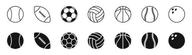 Sportball-icon-set schwarze und lineare symbole tennis rugby fußball volleyball basketball baseball bowling vektor eps 10