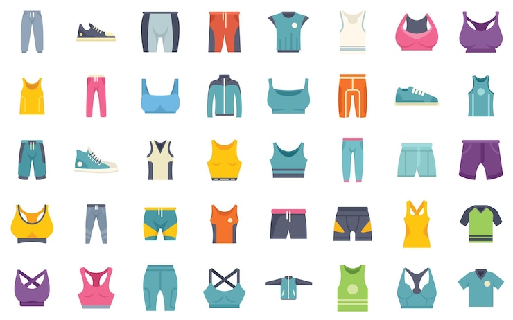 Vektor sportbekleidungskollektion mit farbenfrohen leggings, shorts, tops und schuhen