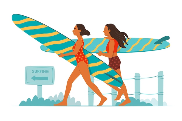 Vektor sportfrauen, die surfbrett tragen und am strand spazieren gehen, für sommer-outdoor-aktivitätskonzept-illustration