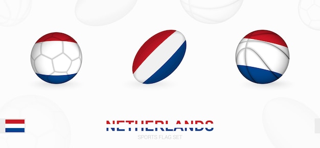 Sportikonen für fußball, rugby und basketball mit der flagge der niederlande.