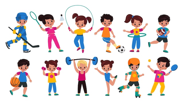 Vektor sportkinder kinder mit sportattributen jungen und mädchen mit verschiedenen bällen fitnesszubehör und schläger junge charaktere spielen hockey, tennis und basketball cartoon-vektorset