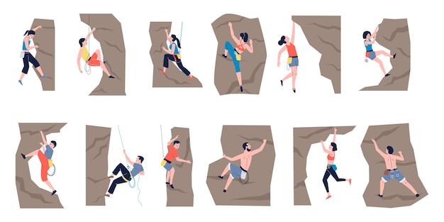 Sportkletterer junge weibliche und männliche schaukeln extreme höhen kletterer training abenteuer in felsen oder berg neueste hobby vektor charaktere junger sportklettering illustration