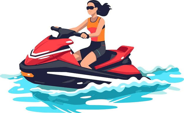 Sportmädchen spielen Jetski auf dem Meer