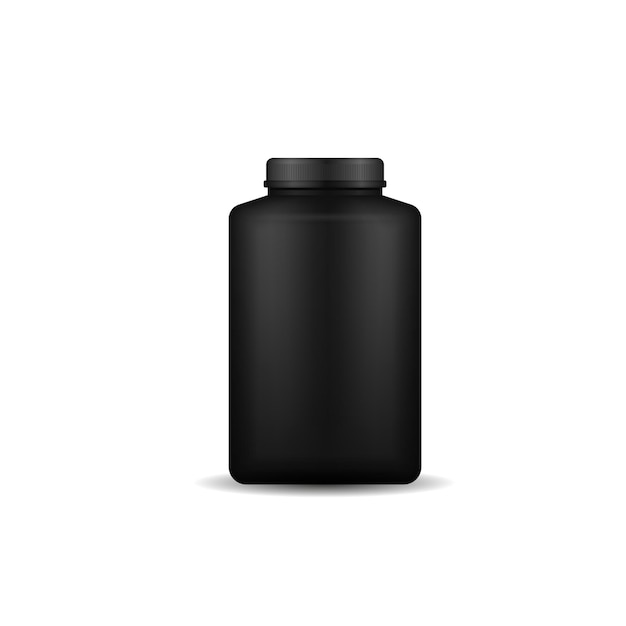 Sportnahrungsmittel schwarze Behälter realistische schwarze Plastikflasche mit Proteinvektor