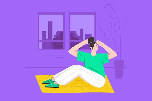 Sporttraining zu Hause modernes flaches Konzept. Frau trainiert und verdreht den Oberkörper auf der Matte sitzend. Junges Mädchen, das Yoga im Zimmer praktiziert. Vektorillustration mit Personenszene für Web-Banner-Design