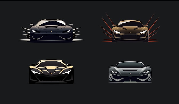 Vektor sportwagen-logo-symbol in der vorderansicht auf dunklem hintergrund. sport-luxusauto-symbol. motorsport-fahrzeug