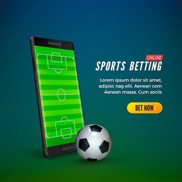 Sportwetten online-web-banner-vorlage. smartphone mit fußballplatz auf dem bildschirm und fußball.