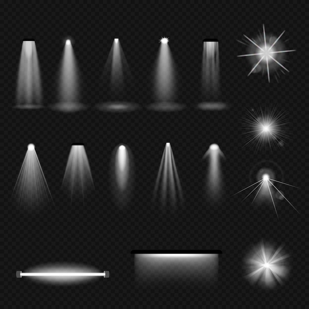 Spotlight glühender Lichteffekt realistisches Set. Weiße Strahlen und Strahlen glitzern beleuchtete Lampe. Festliche Glow-Beleuchtung für Werbung, Kino, Disco, Unterhaltung, schimmernder heller, lebendiger Vektor